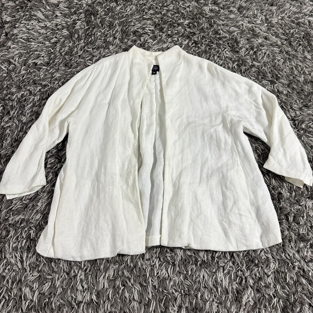 Eileen Fisher Petite Large White Linen Cotton Open Front Textured Cardigan